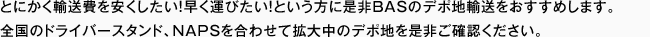 とにかく輸送費を安くしたい!早く運びたい!という方に是非BASのデポ地輸送をおすすめします。全国のドライバースタンド、NAPSを合わせて拡大中のデポ地を是非ご確認ください。